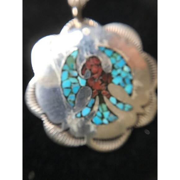 Vtg 1960's Peyote Bird Pendant Inlaid Chipped Turquoise & Coral Stamped Sterling - Picture 2 of 10